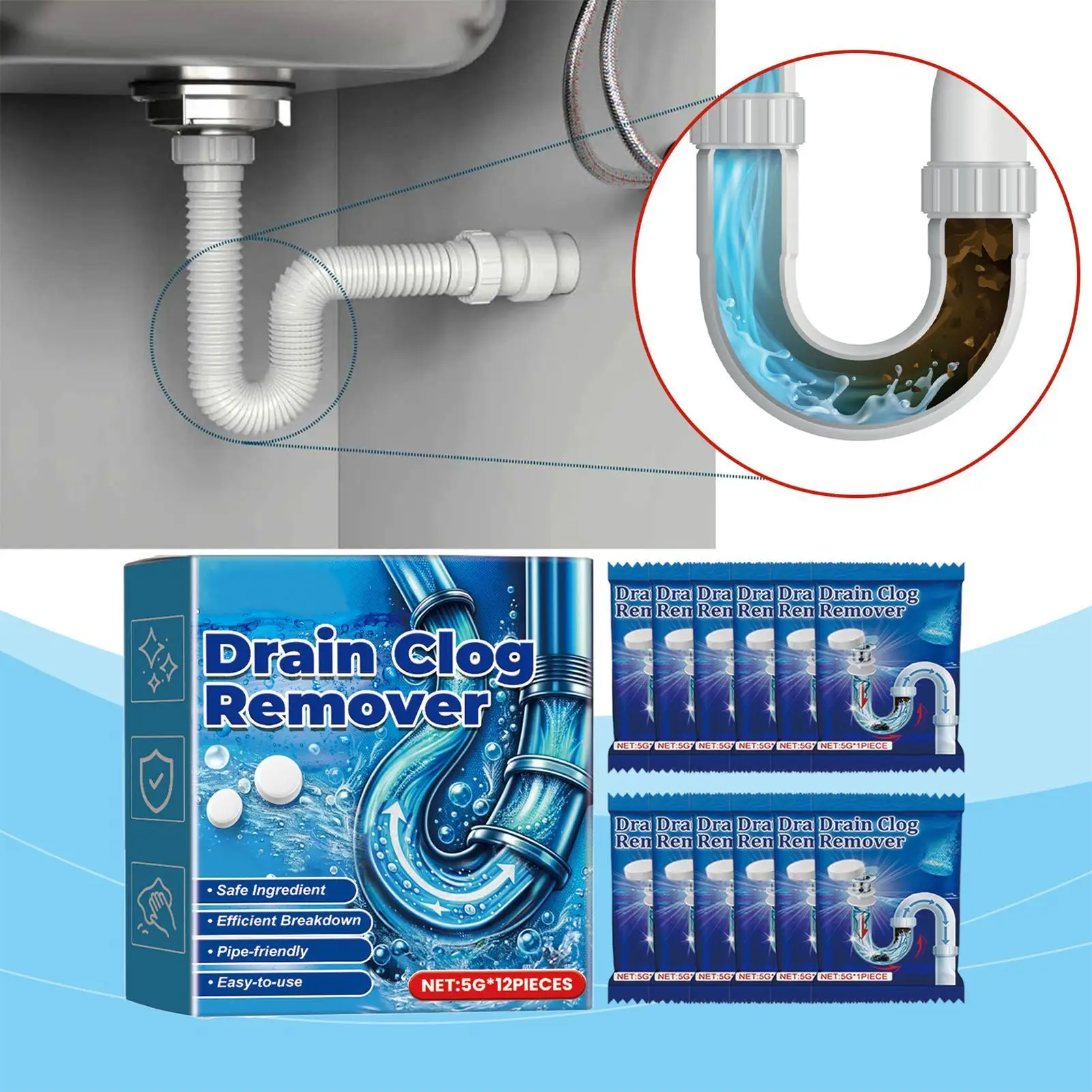 Sink Cleaner Tablets Effervescent Drain Clogs Remover Grease Cleaner for Bathroom Shower Plumbing Household Laundry Sink