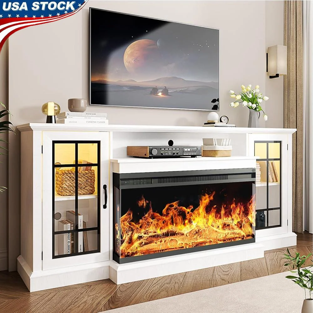 36 Inch 3 Sided Glass Fireplace TV Stand Elegant Media Console TVs up to 80 Inch Sturdy Storage with Adjustable Shelves