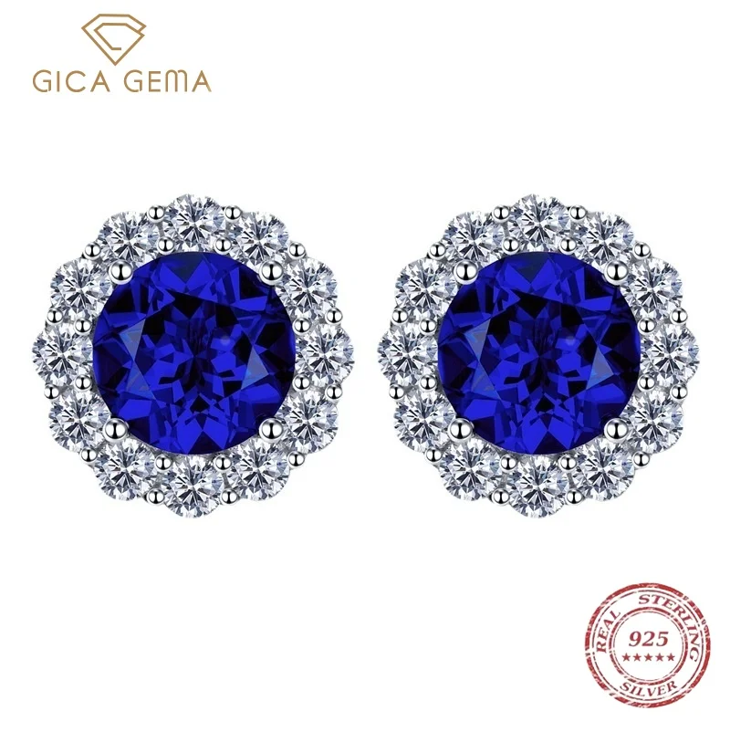 

Gica Gema Allergy Free 925 Sterling Silver Earrings 8.0mm Blue Round Shape Lab Sapphire Stud Earrings For Women Wedding Jewelry