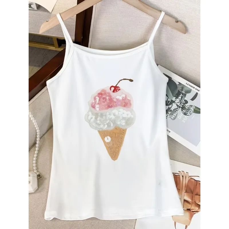 Sequin Cherry Ice Cream Print Women Spaghetti Strap Top White Sleeveless Cute Summer Daily Party Street Sweet Casual Tees