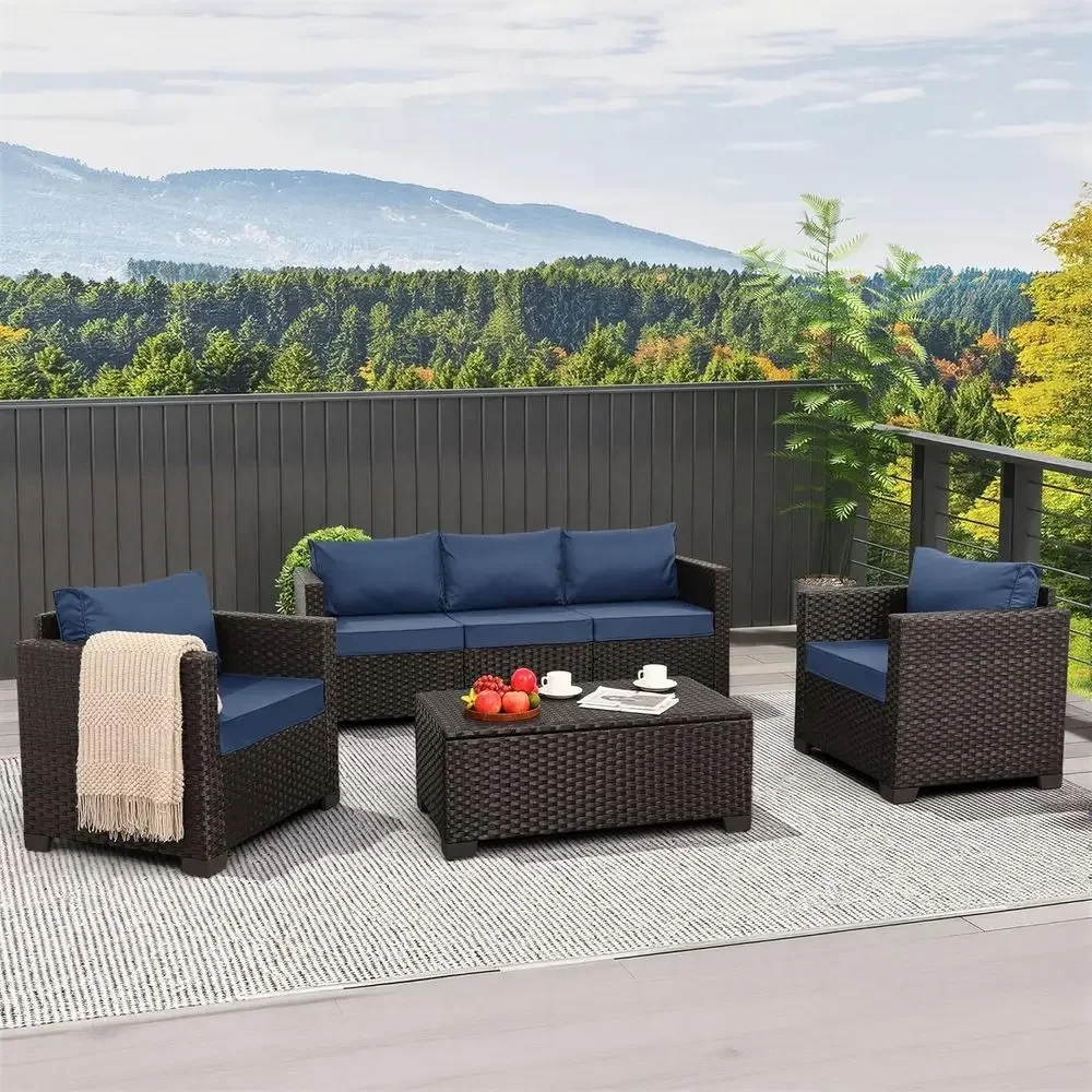 4-Piece Outdoor Patio Furniture Set with 45 Fire Pit Table, Navy Blue Cushions & Waterproof Covers