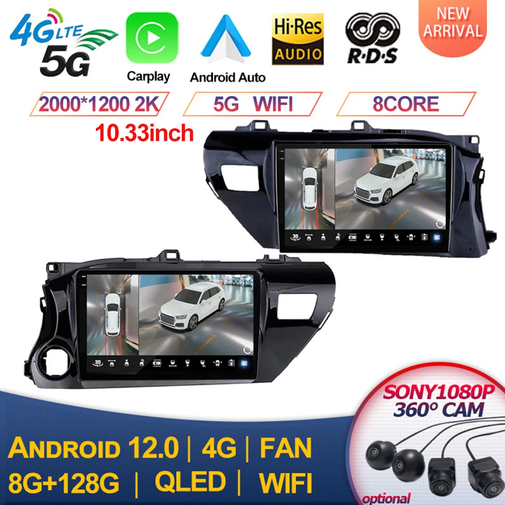 2000*1200P 2 DIN For Toyota Hilux Pick Up AN120 2015-2020 RHD LHD 8Core Auto Car Radio Multimedia  2din Stereo Carplay GPS dvd