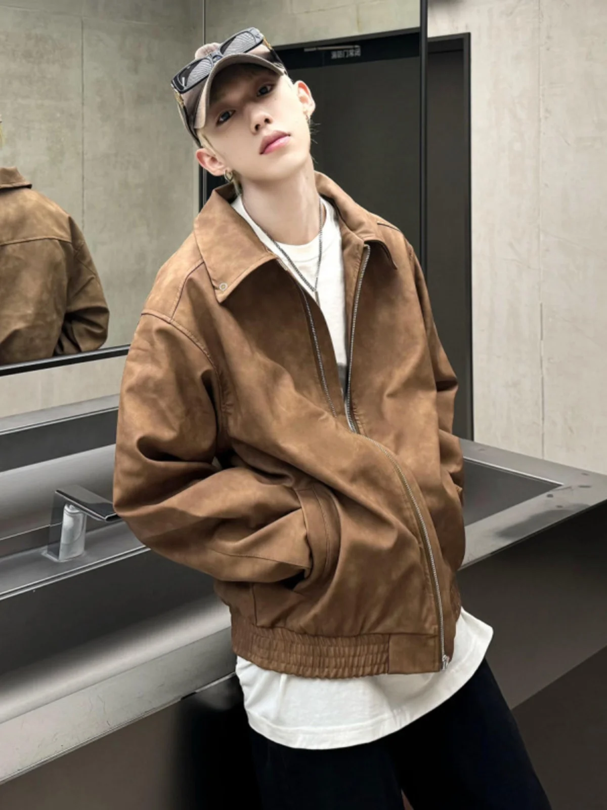 

Brown PU Leather Biker Jaet Men's Sle Retro American Flip Collar Baseball Coat Spring Autumn Leather Coat Youth Trend