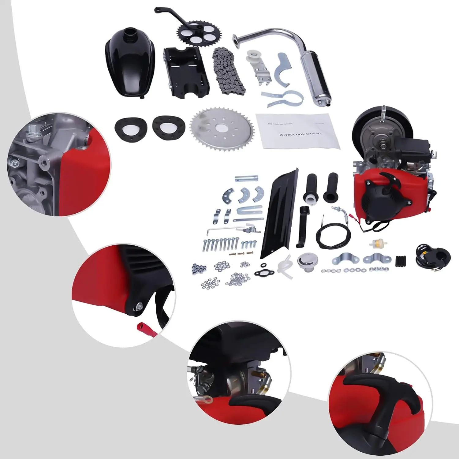 49CC 4 Stroke Motorized Bicycle Engine Kit, Single Cylinder Gas Bike Motor Scooter with Double Belt Drive, Customized