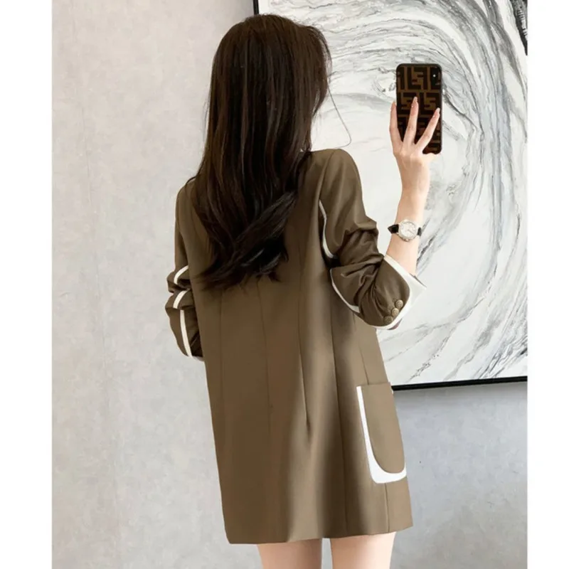 2024 Spring Autumn New Women\'s Blazer Korean Loose Double Breasted Color Matching Suit Coat Fashion Long Sleeve Female Jacket