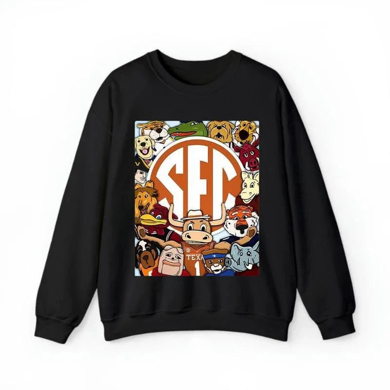 

Autumn Winter Cool SEC Logo with Diverse Mascots Print Cotton Crew Neck Sweatshirt Versatile and Loose