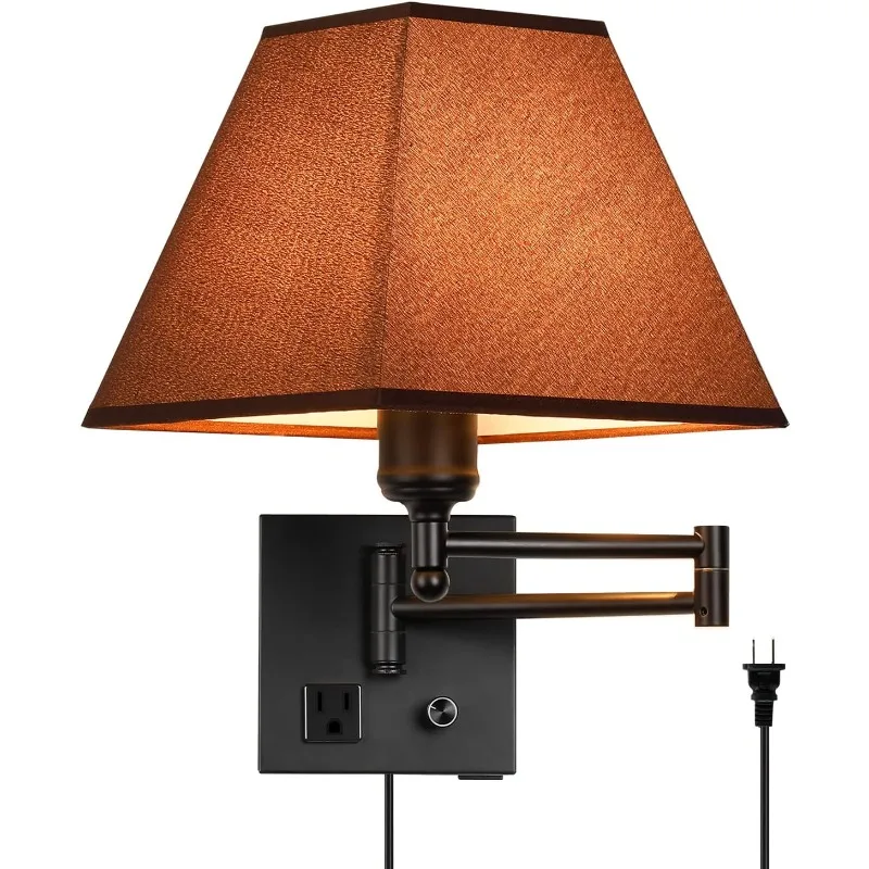 Swing Arm Wall Lamp.Plug in Wall Sconces with USB Port and AC Outlet.Sconces Wall Lighting Coffee Fabric Shade with Dimmable