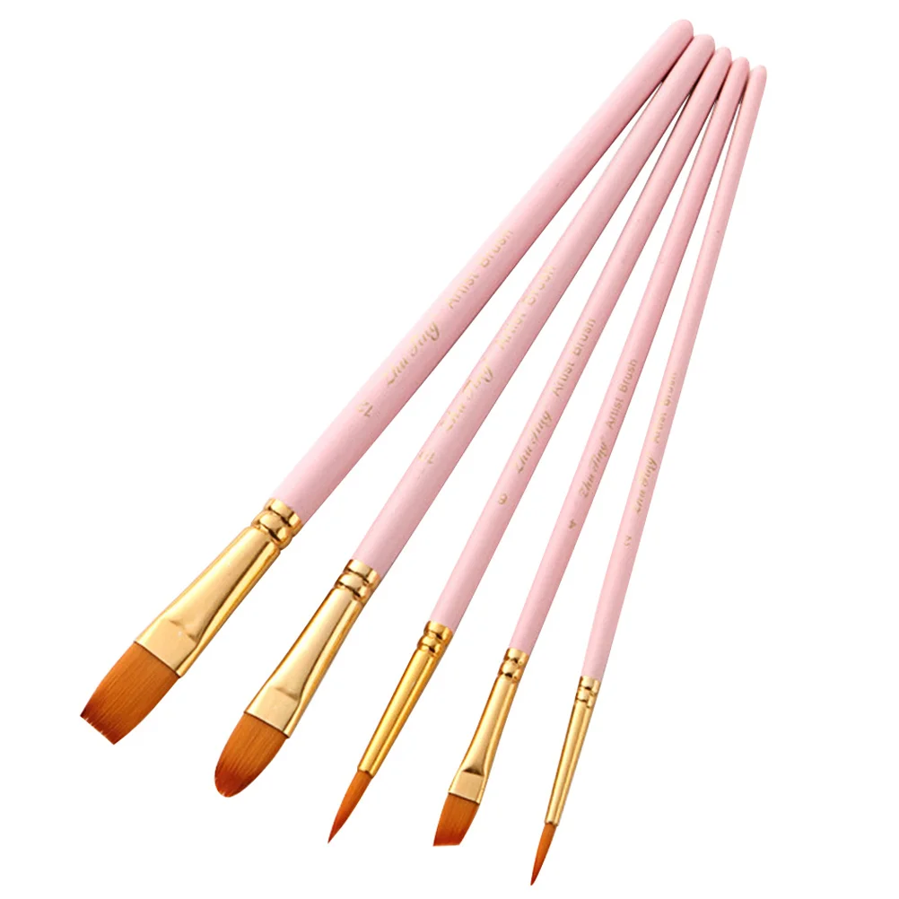 

5Pcs Professional Paintbrush Set Different Shapes Pink Nylon Hair Watercolor Oil Paint Brush Painting Accessories for Artists