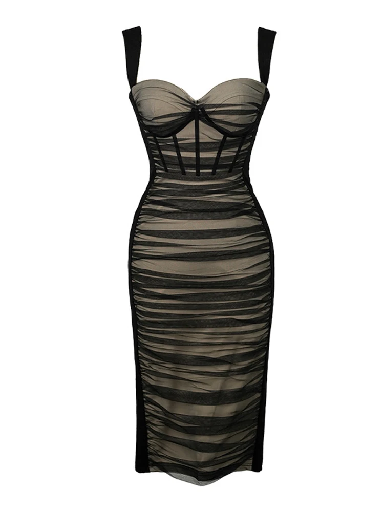 Damska francuska sukienka bodycon z gorącym, słodkim dekoltem na ramiączkach, odkrytymi plecami, gorsetowa, z prześwitującej siateczki, elegancka sukienka Vestido, błyszcząca sukienka wieczorowa z fiszbinami na imprezę.