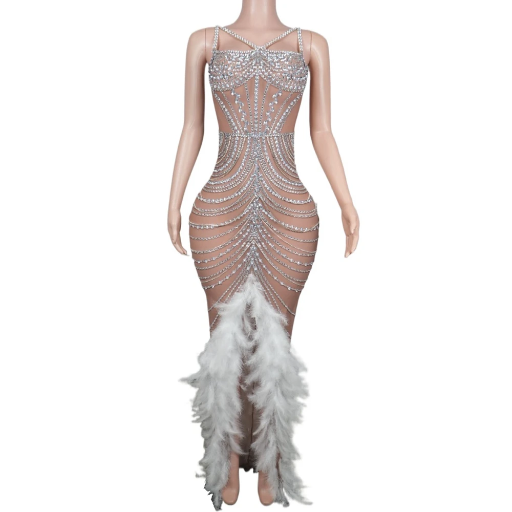 

Sparkly Rhinestones Chains Feathers Long Dress for Women Sexy Birthday Celebrate Wedding Evening Prom Dress Photo Shoot Wear