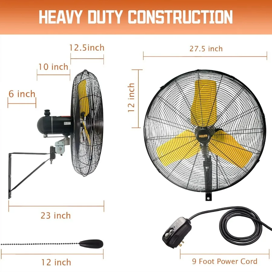 24 Oscillating Wall Fan 8900 CFM High Velocity Industrial Wall Mounted Heavy Duty Shop Fans with 3 Speed Settings 80 Oscillatio