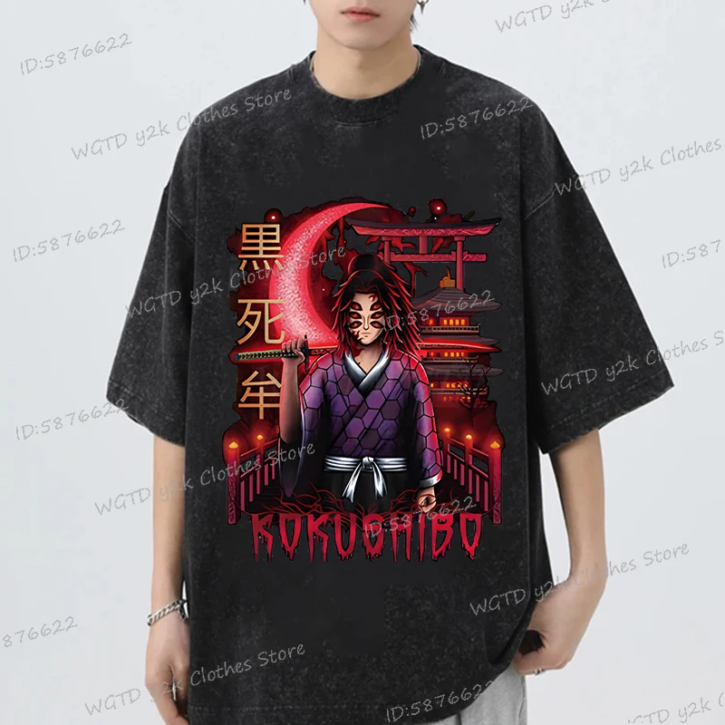 

Kokushibou Graphic Demon Slayer T Shirt Men Women Cotton Clothing Fashion Y2K Harajuku Kimetsu No Yaiba Anime Washed T-shirts