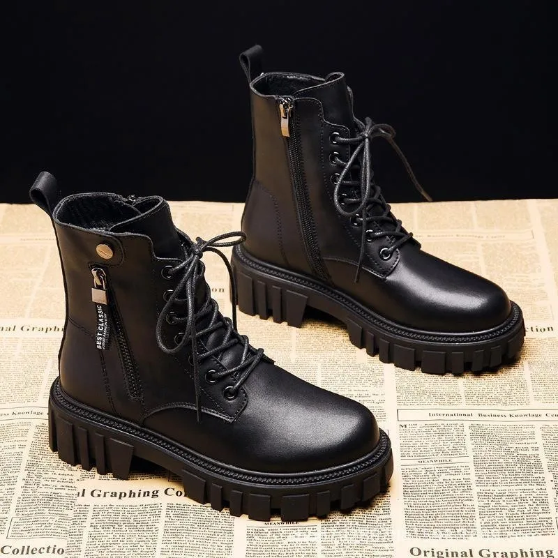 2024 Black New Women Ankle Boots Autumn Winter Platform Zipper Women Punk Boots Thick Sole Lace Up Combat Booties Female Mujer