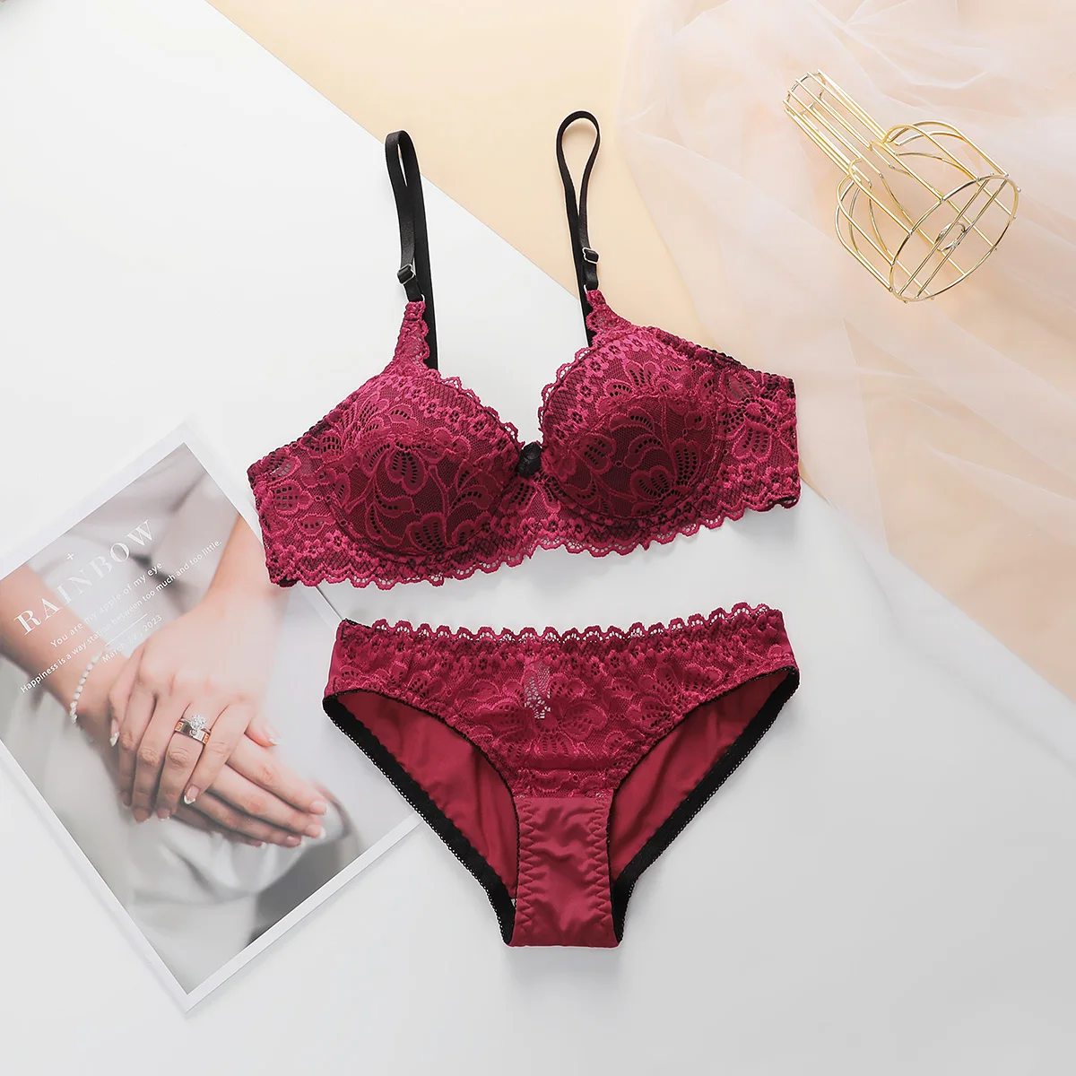 Neues 2-teiliges rotes BH-Sexy-Dessous-Spitzen-Büstenhalter-Unterwäsche-Set für Damen, Push-up-BH für alle Jahreszeiten A3127