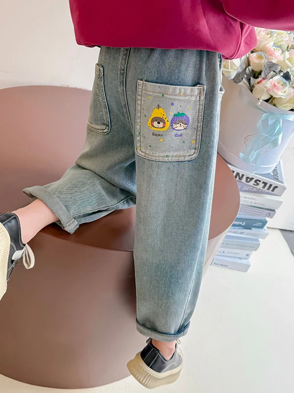 Pantalons en jean imprimés de dessins animés pour filles, nouveaux pantalons décontractés à la mode pour enfants, pantalons longs amples à taille haute pour bébé