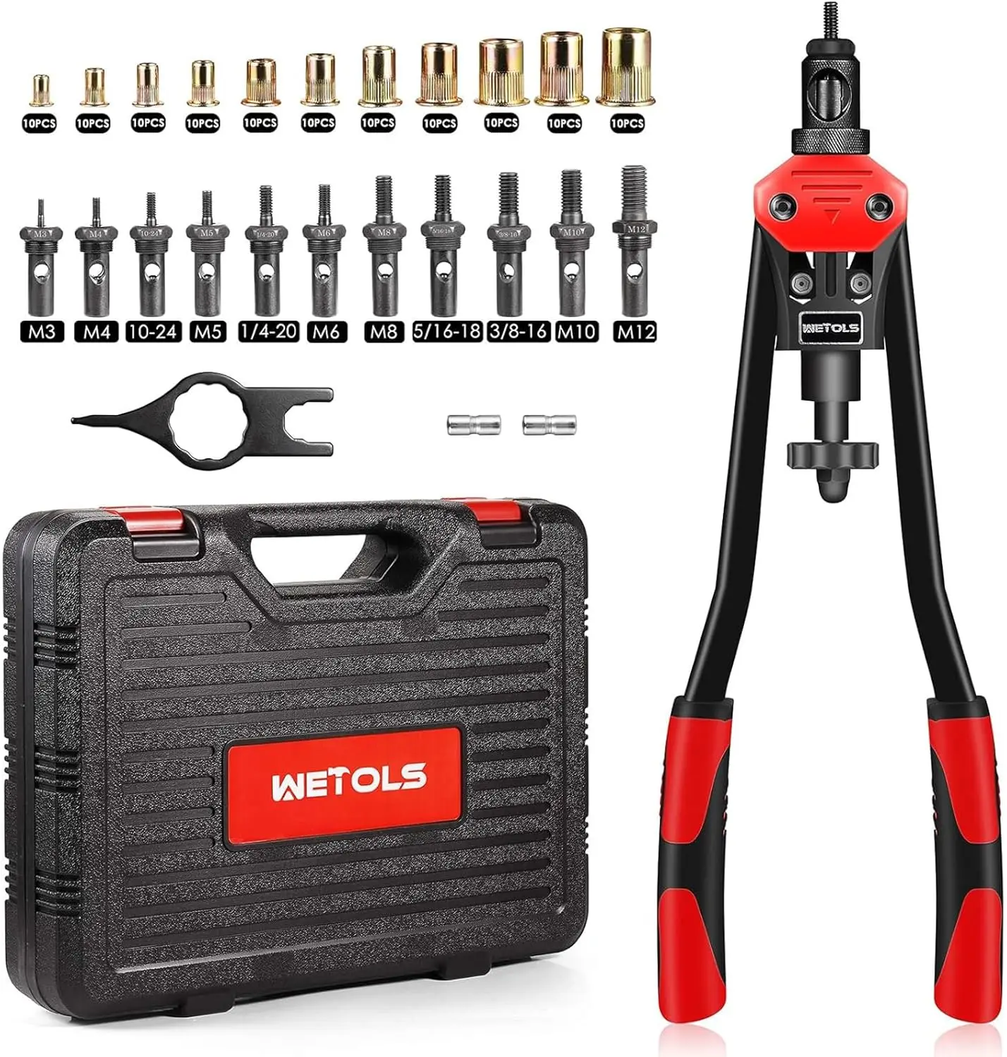 

Professional 16" Rivet Nut Tool Kit with 11 Metric & Inch Mandrels, 110pcs Rivnuts and Carry Case for Metal Fastening