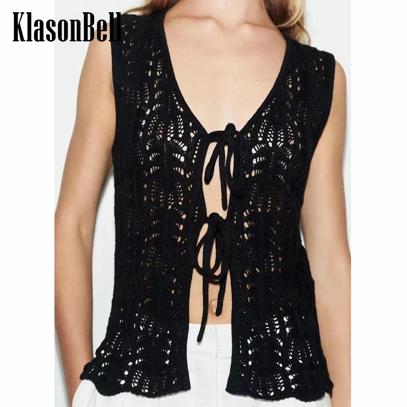 

5.26 KlasonBell Runway Fashion Hollow Out Crochet Jacquard Knit Vest Women V-Neck Lace-up Cotton Linen Blend Yarn Tank Top