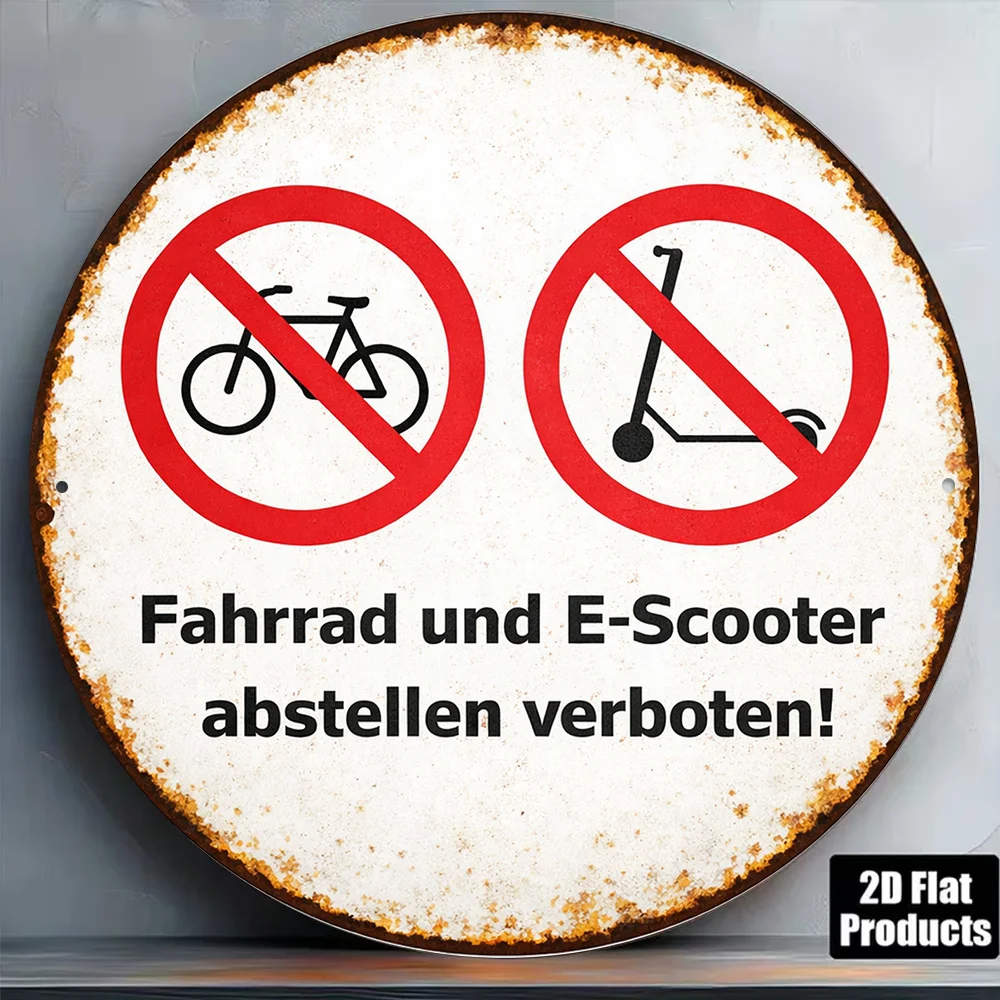 2D Flat Round Sign, Vintage Plaque Prohibiting Parking of Bicycles And Electric Scooters, No Parking Decorative Sign