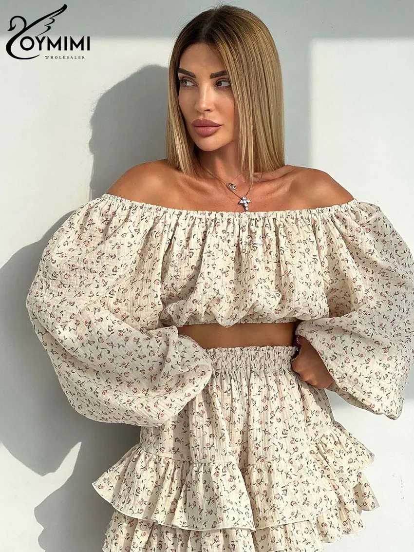 Oymimi Fashion Beige Cotton Womens 2 Piece Outfit Set Casual Strapless Long Sleeve Crop Tops And High Waist Pleated Skirts Sets