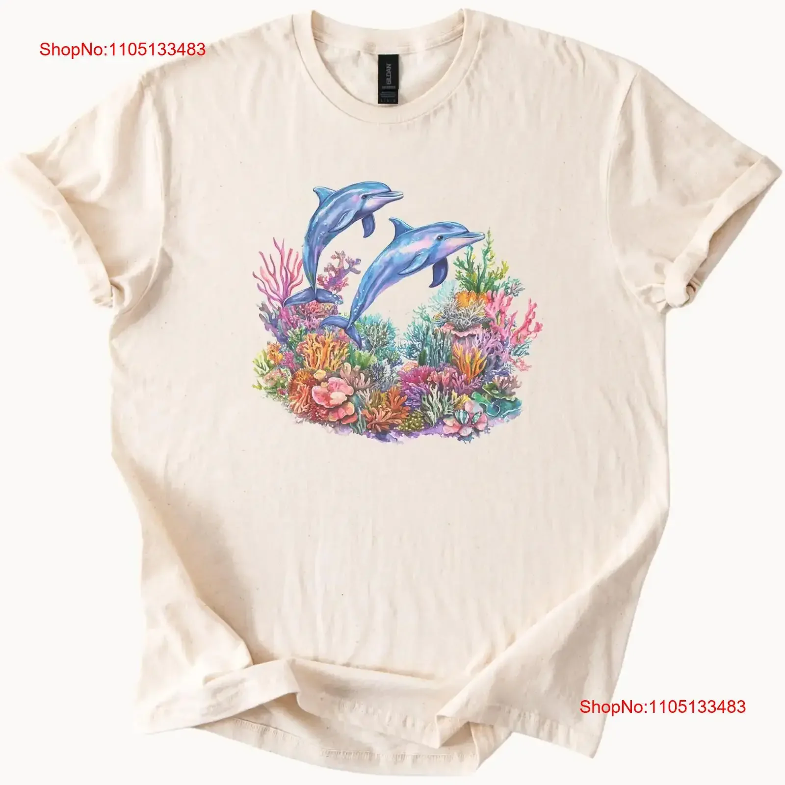 دولفين المرجان الشعاب المرجانية تي شيرت المحيط الحياة البحرية المائية الفن خمر غسلها لينة امتدت عادية أوم تنوعا مصمم الملابس #1