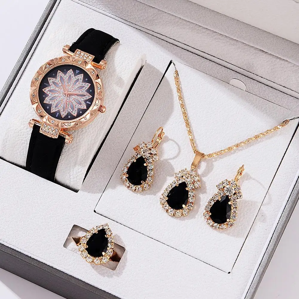 4 teile/satz Roségold Luxus Strass Uhr für Frauen Halskette Ohrring Armbanduhr Schmuck Set lässig Armband Uhren reloj