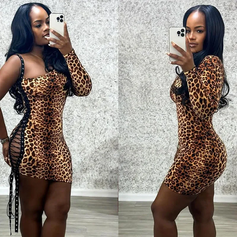 Doyerl Leopard Print Lace-up Bandage Bodycon Dress Women Y2K Long Sleeve One Shoulder Night Club Mini Party Birthday Dresses