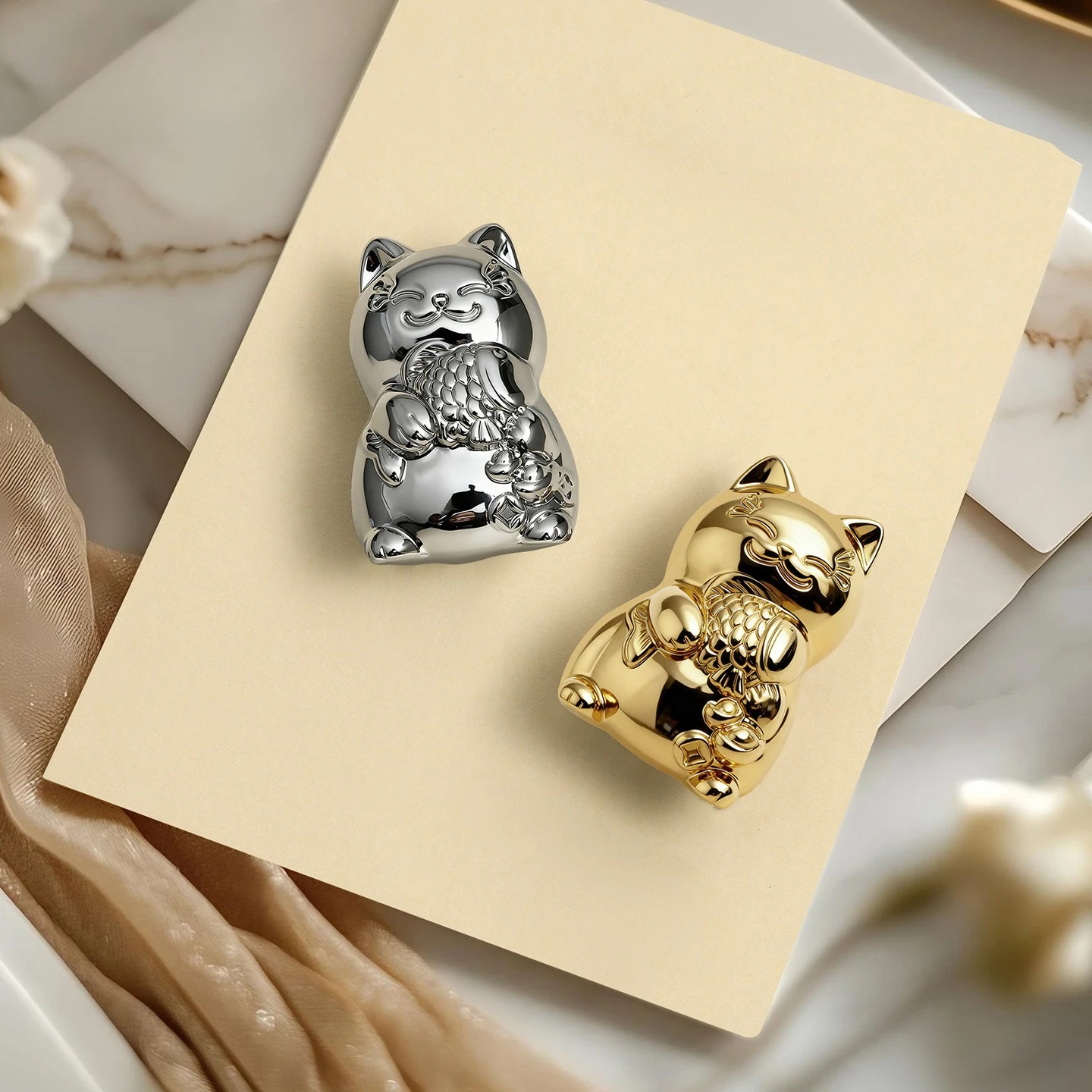 Lucky Cat Brass Cabinet Pulls Door Handles Solid Cabinet Wardrobe Drawer Furniture Hardware Handles Bright Chrome Gold