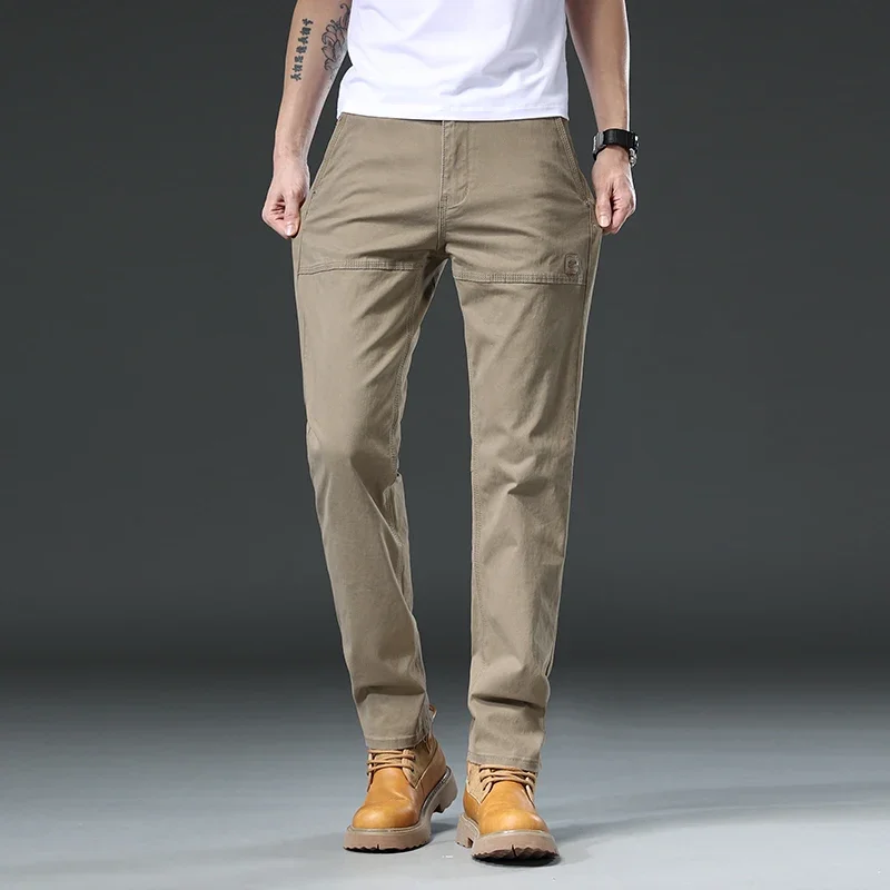 97%Cotton Spring Autumn Men\'s Cargo Pants Slim Korean Casual Straight Trousers Male Solid Color Gray Khaki Brand Clothing