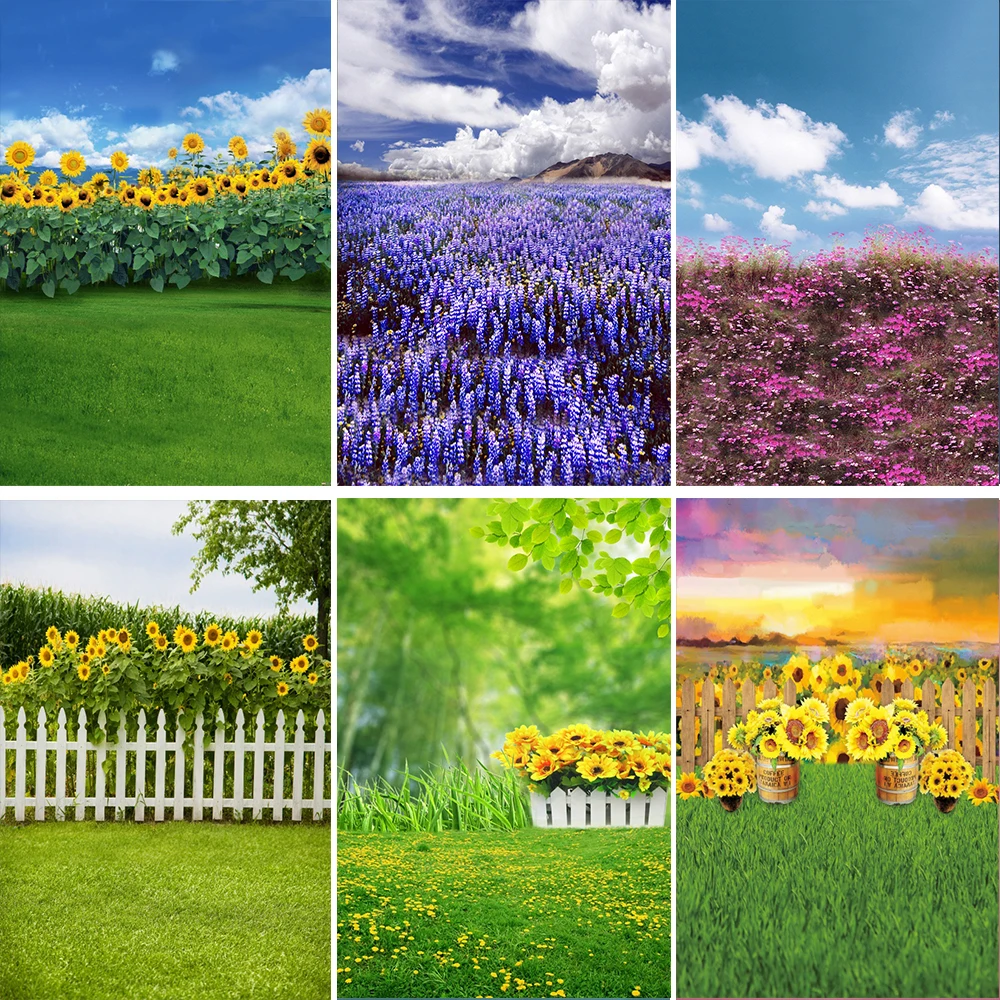 

Laeacco Blue Sky White Clouds Sunflowers Green Grassland Photography Backgrounds Baby Birthday Photo Backdrops Newborn Photozone