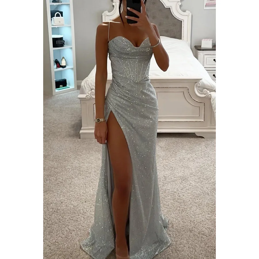 BWQ Elegante Zachte Lichtblauw Lange Avond Prom Jurk Vrouwen Sexy Pailletten Hoge Splitten Spaghettibandjes Jurk Afstuderen Toga