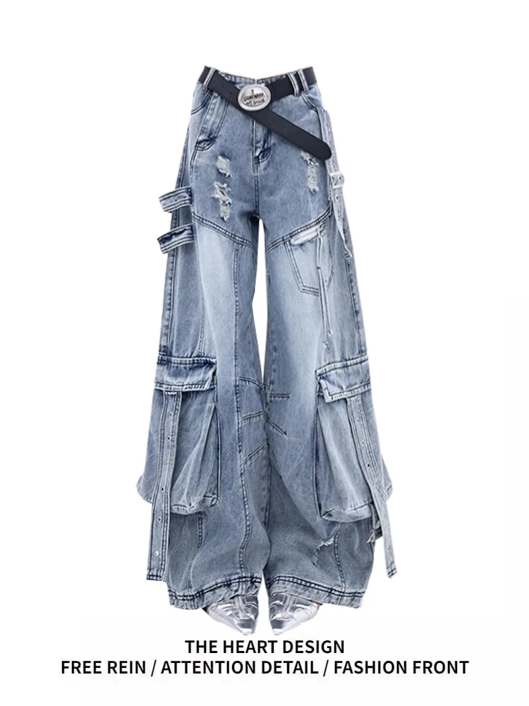 

Ретро-джинсы с деконструированным дизайном, синие, в стиле рабочей одежды, женские, осенние, с широкими штанинами и множеством карманов