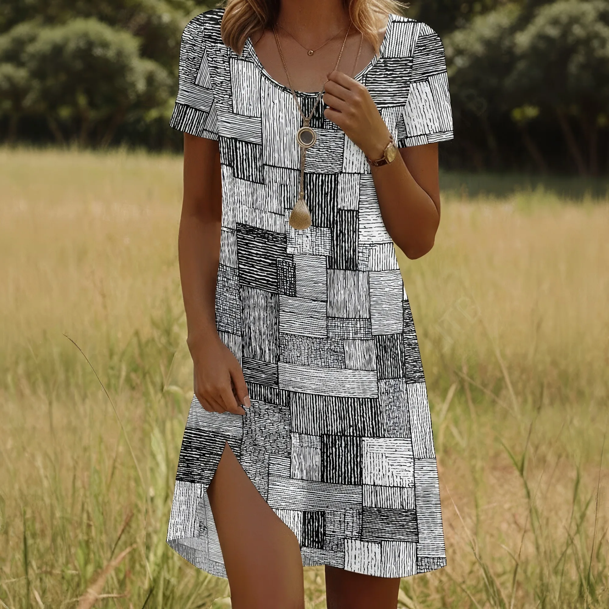 Short Sleeve Print Dress, Geometric Pattern Dress, Abstract Block Design, Casual Summer Wear for Women, S-2XL