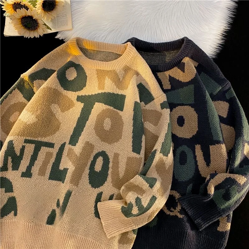 

Loose Men's Knitted Sweater round Ne Casual Autumn Winter Faion Brand Hong Kong Sle Lazy Couple's College Sle Knitwear