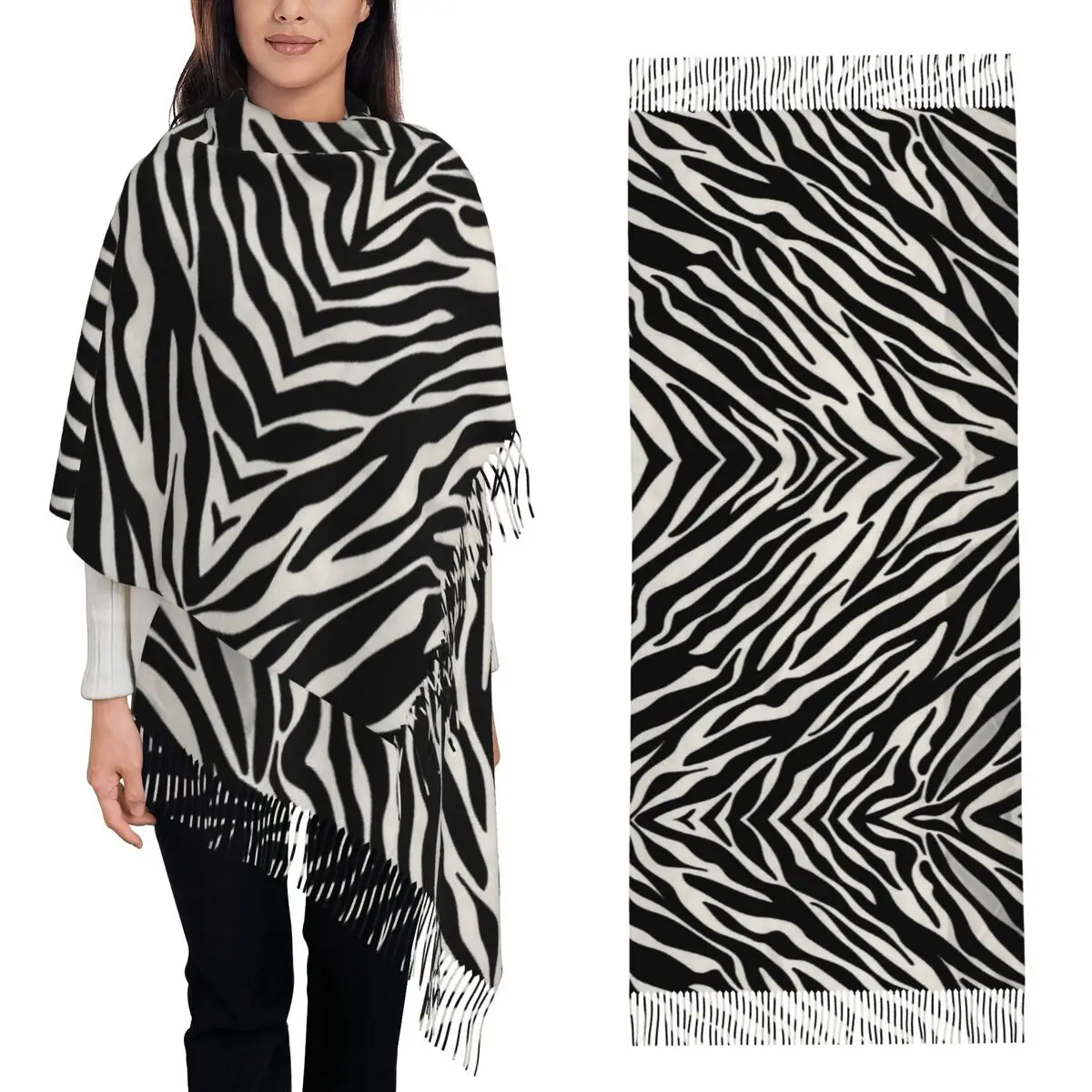 

Отпускной шарф с принтом зебры в черно-белую полоску, шарфы с кисточками, женские мягкие теплые шали и накидки, длинная осенне-зимняя шаль, накидка