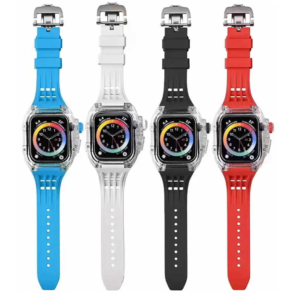 Cool Clear Modification Set Cover Strap for Apple Watch Series 8 7 6 5 4 RM Transparent Mod Kit Case Flourorubber Band 44mm 45mm