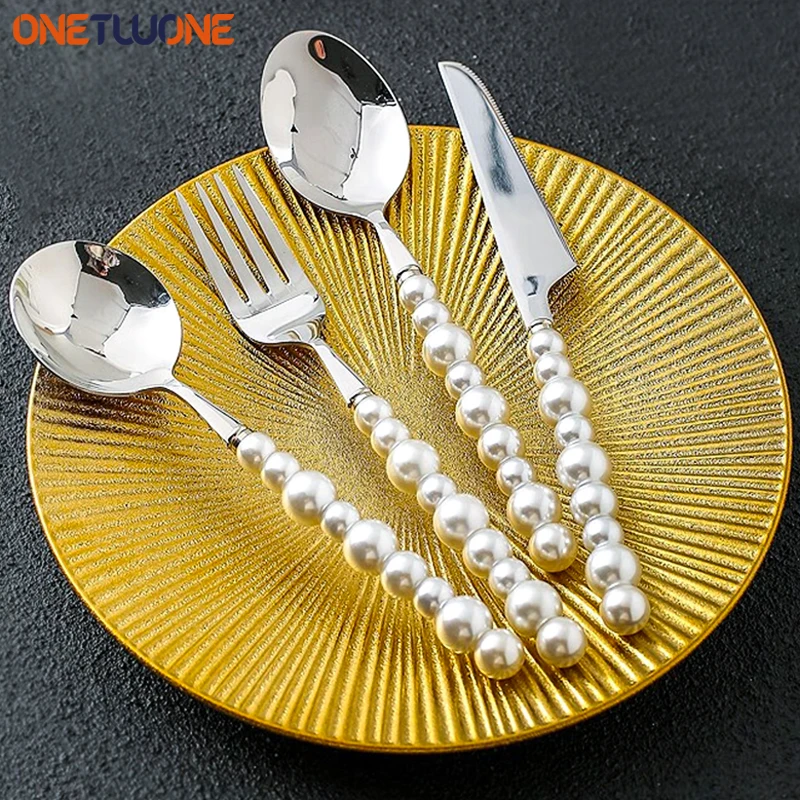 

1/3/4Pcs Luxury Pearl Cutlery Set Stainless Steel Tableware Imitation Pearl Knife,Fork and Spoon Creativity Wedding Gift