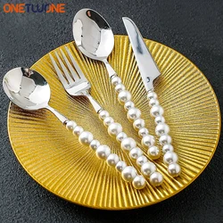 1/3/4Pcs Luxury Pearl Cutlery Set Stainless Steel Tableware Imitation Pearl Knife,Fork and Spoon Creativity Wedding Gift