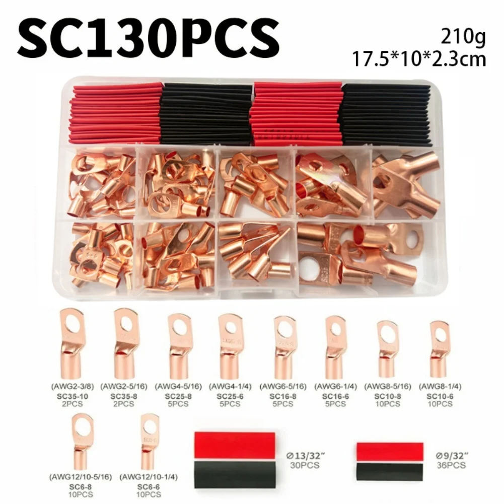 130PCS Copper Wire Terminal Block Kit With Heat Shrink Tubing Ring Connector Set For Battery Cable Electrical Applications