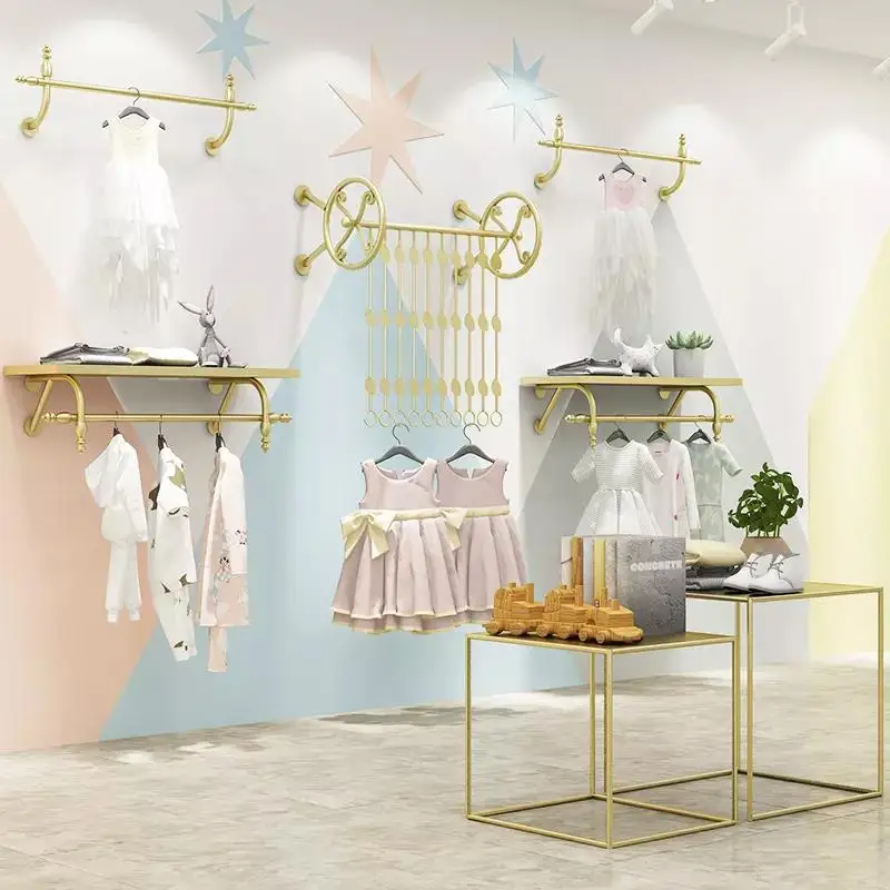 

custom，Space-saving Square Gold Metal Retail Clothing Display Rack Shop Fitting Clothes Display Racks Wall Mounted Garment Rack