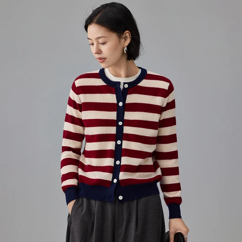 

New Vintage Striped Button Cardigan Women's 100% Cashmere O Neck Casual Fashion Sweater Coat Autumn Winter Soft Warm Knitted Top