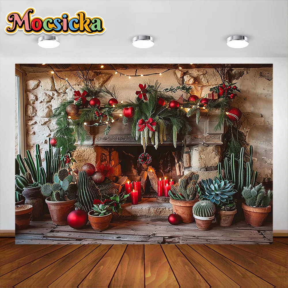 Christmas Fireplace Photography Background Cactus Green Vegetation Decoration Adults Kids Portrait Photo Backdrop Studio Props