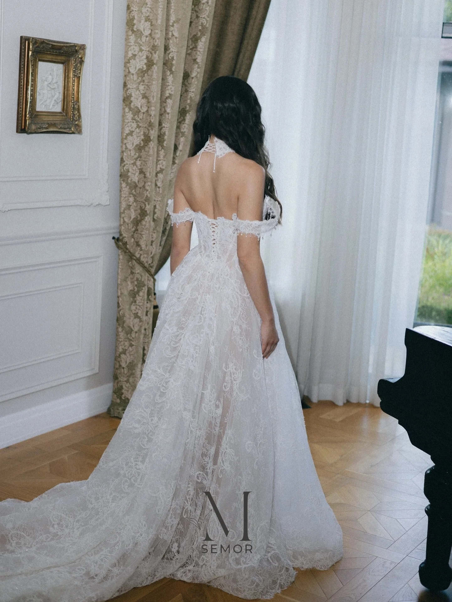 Semor Customized Off Shoulder Wedding Dress Lace A Line Bridal Gown Back Lace Up Long Train Romantic Wedding Gown For Bride