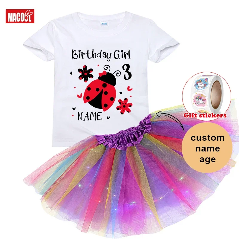 

Girls Birthday Dress Set Seven Star Ladybug T-shirt Girl Kids Tutu Dress Set Party Light Christmas Dress T-shirt 2025 Child Suit