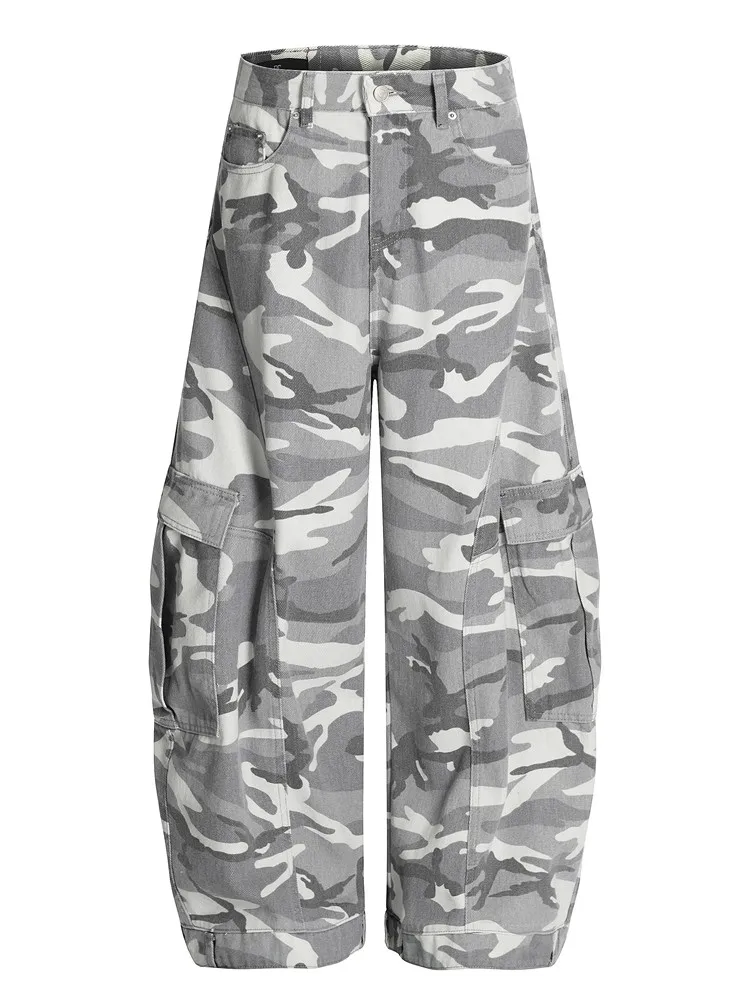 Women's Grey White Camouflage Large Pocket Loose Pants Cool Girl Street Bottoms Female Unisex High Waist Wide-leg Trousers