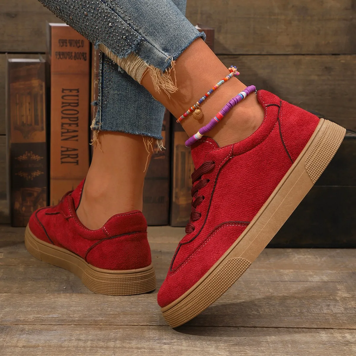 2025 Board Shoes Women's Sneakers New Muffin Thick Bottom Khaki Red Matching Fashion Women's Shoes Casual Sports Shoes