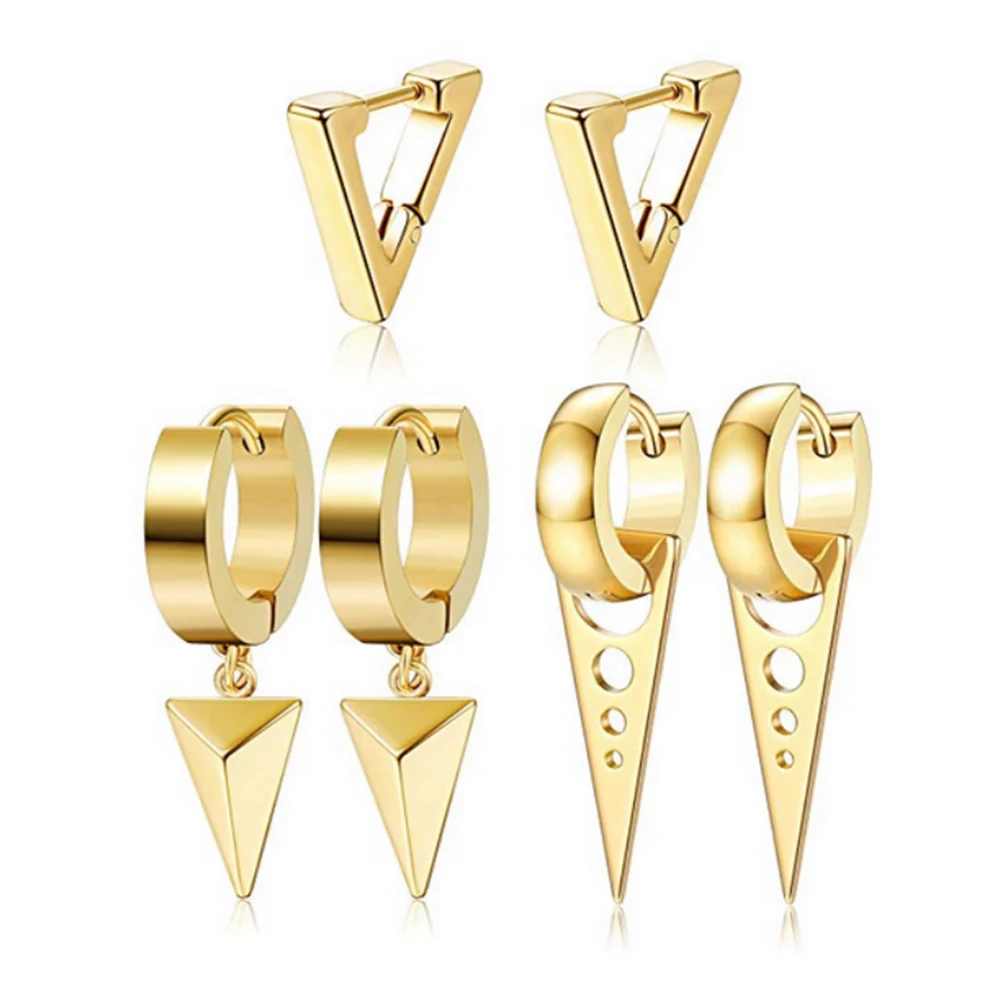 3 Pairs of Fashionable Triangle Pendants Hip-hop Stainless Steel For Daily Wear, Men\'s Hoop Earrings