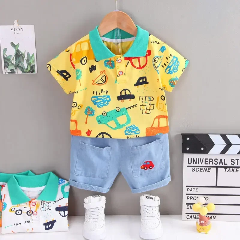 Summer Chidlren Cartoon Clothing Kdis Boy Girl Full Cars T-shirt Pants 2Pcs/Sets Kids Cotton Tracksuits Infant Outfit Outwear