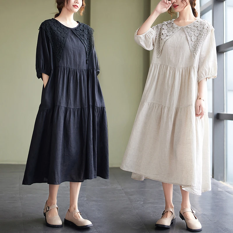 

Pure Color Cotton Linen Lace Patchwork Dr plus Size Women's Clothing Doll Collar Seven Sve A-Line Long Skirt