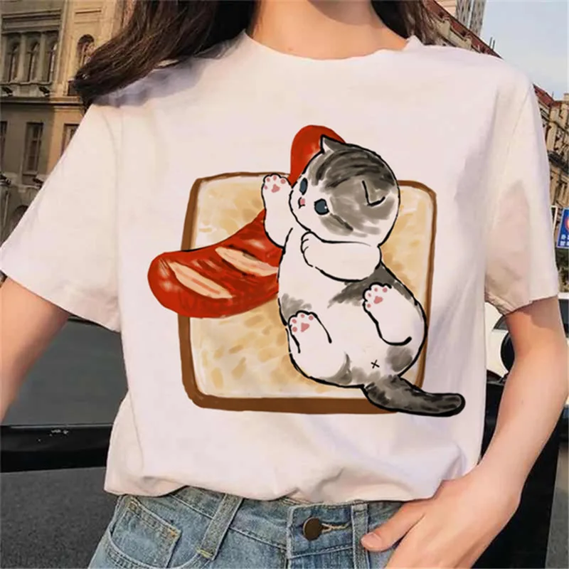 T-shirt estiva da donna nuova divertente Kawaii Cartoon Cat Print Harajuku High Street Casual Versatile girocollo maniche corte Unisex