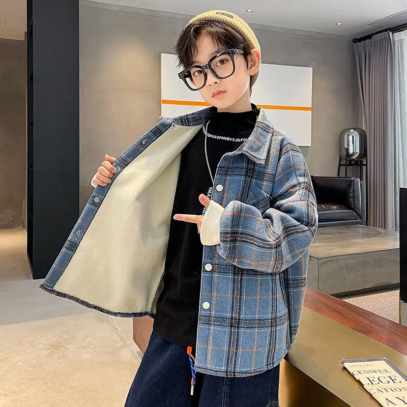 

Двухслойная флисовая рубашка в сетку в корейском стиле для мальчиков, зимние утолщенные теплые повседневные молодежные топы большого размера